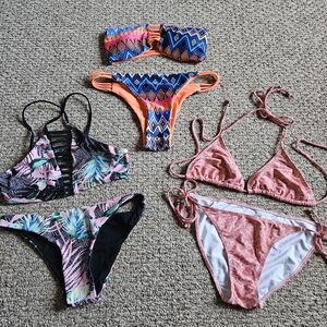 **3 Sets** Bikini Top/Bottom Bundle, Multicolor Patterned Bikini Set - Size M